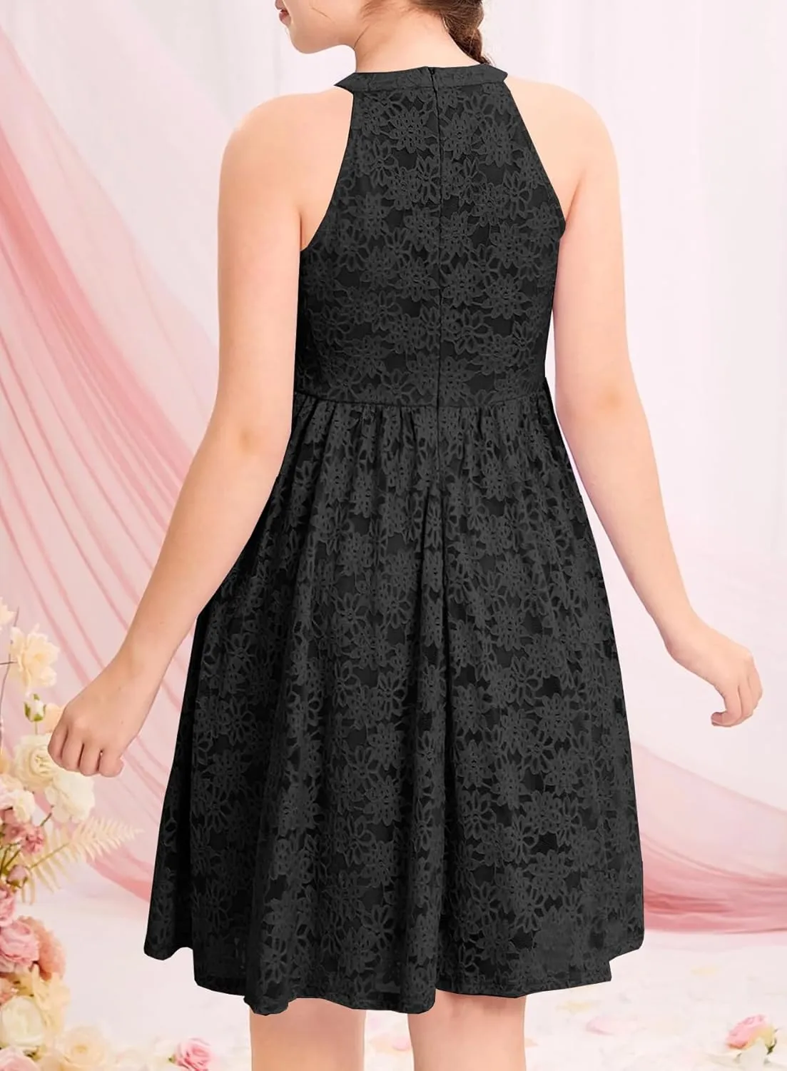 HOSIKA Girls Halter Neck Sleeveless Elegant Floral Lace A-line Flared Swing Party Dress for 6-12 Years Kid