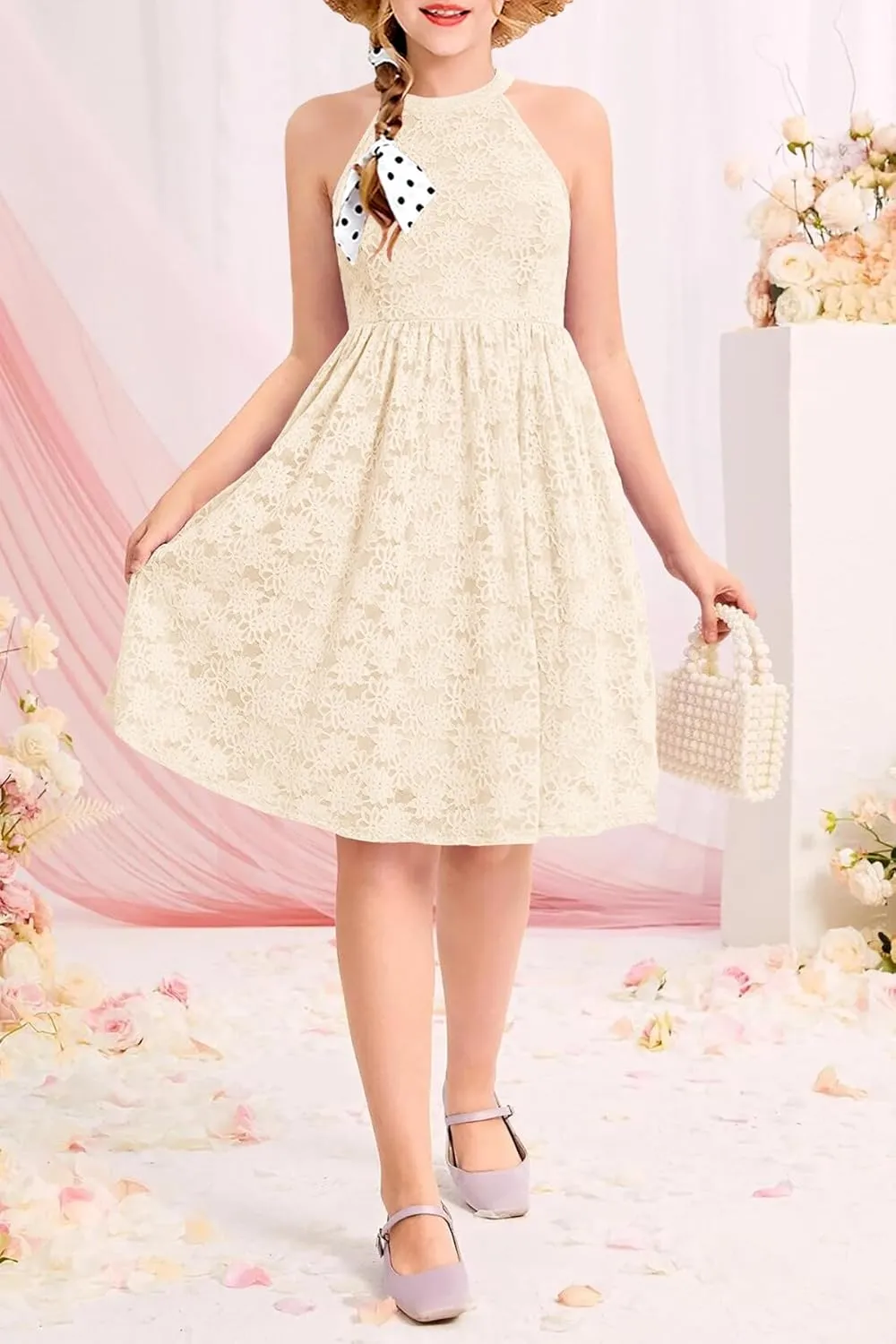 HOSIKA Girls Halter Neck Sleeveless Elegant Floral Lace A-line Flared Swing Party Dress for 6-12 Years Kid