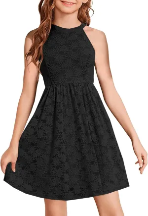 HOSIKA Girls Halter Neck Sleeveless Elegant Floral Lace A-line Flared Swing Party Dress for 6-12 Years Kid