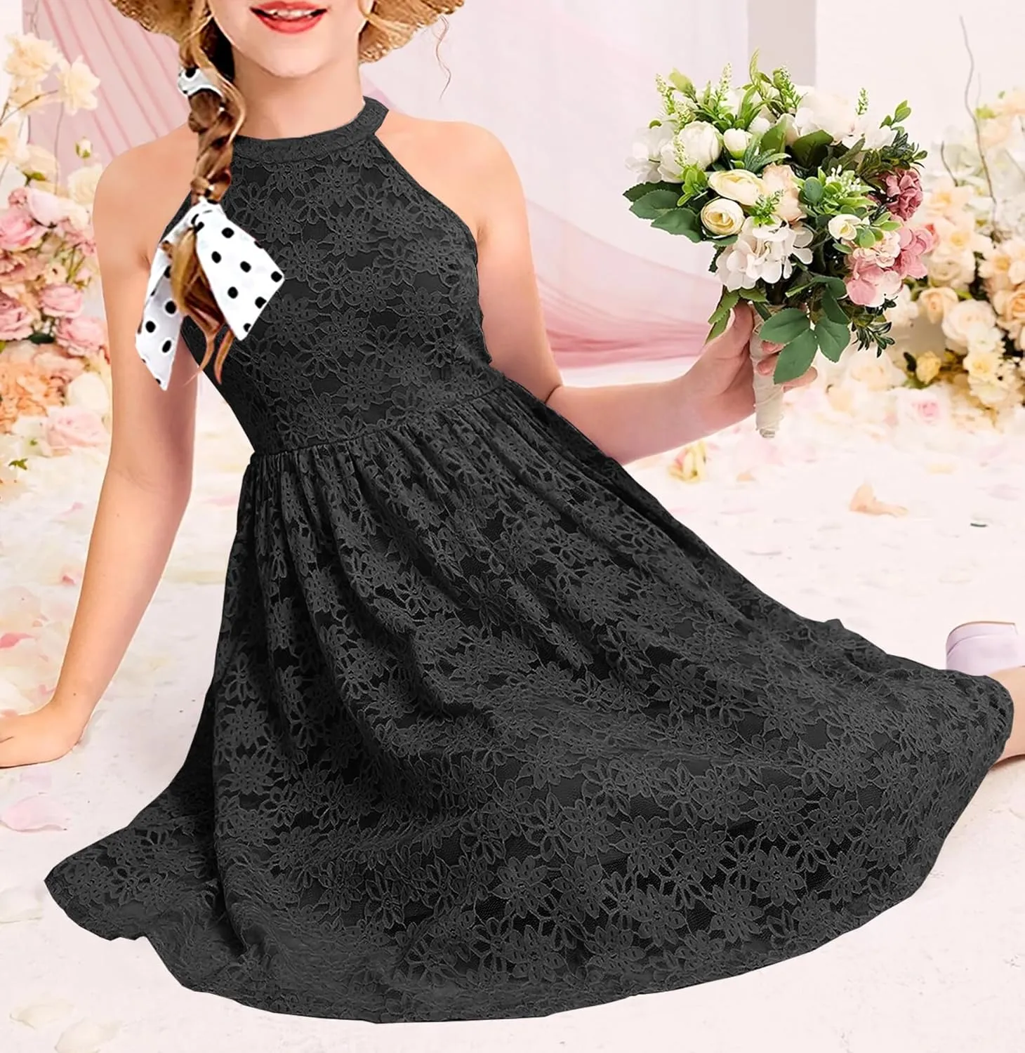 HOSIKA Girls Halter Neck Sleeveless Elegant Floral Lace A-line Flared Swing Party Dress for 6-12 Years Kid