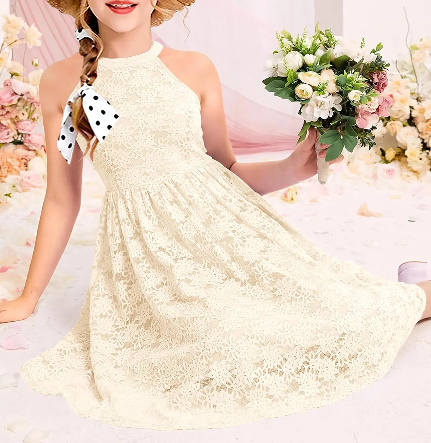 HOSIKA Girls Halter Neck Sleeveless Elegant Floral Lace A-line Flared Swing Party Dress for 6-12 Years Kid