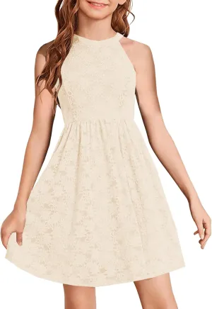HOSIKA Girls Halter Neck Sleeveless Elegant Floral Lace A-line Flared Swing Party Dress for 6-12 Years Kid