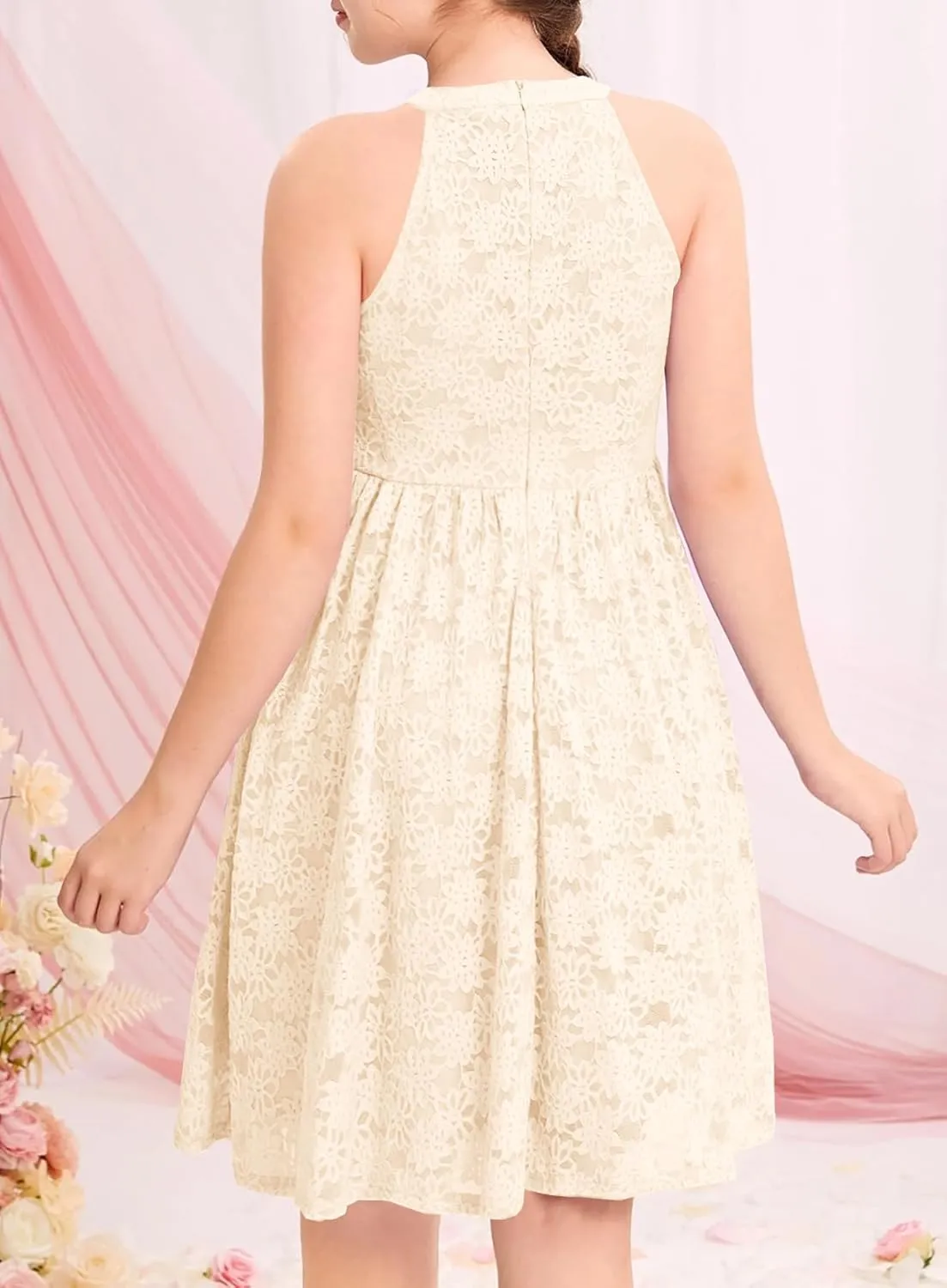 HOSIKA Girls Halter Neck Sleeveless Elegant Floral Lace A-line Flared Swing Party Dress for 6-12 Years Kid