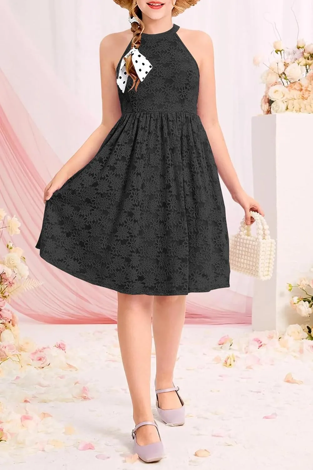 HOSIKA Girls Halter Neck Sleeveless Elegant Floral Lace A-line Flared Swing Party Dress for 6-12 Years Kid