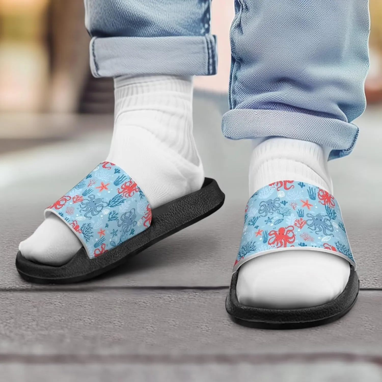 Howilath Sea Animal Print Kids Slides Non-Slip Open Toe Slippers Boys and Girls Sandals Pillow Cloud Slippers with EVA Sole