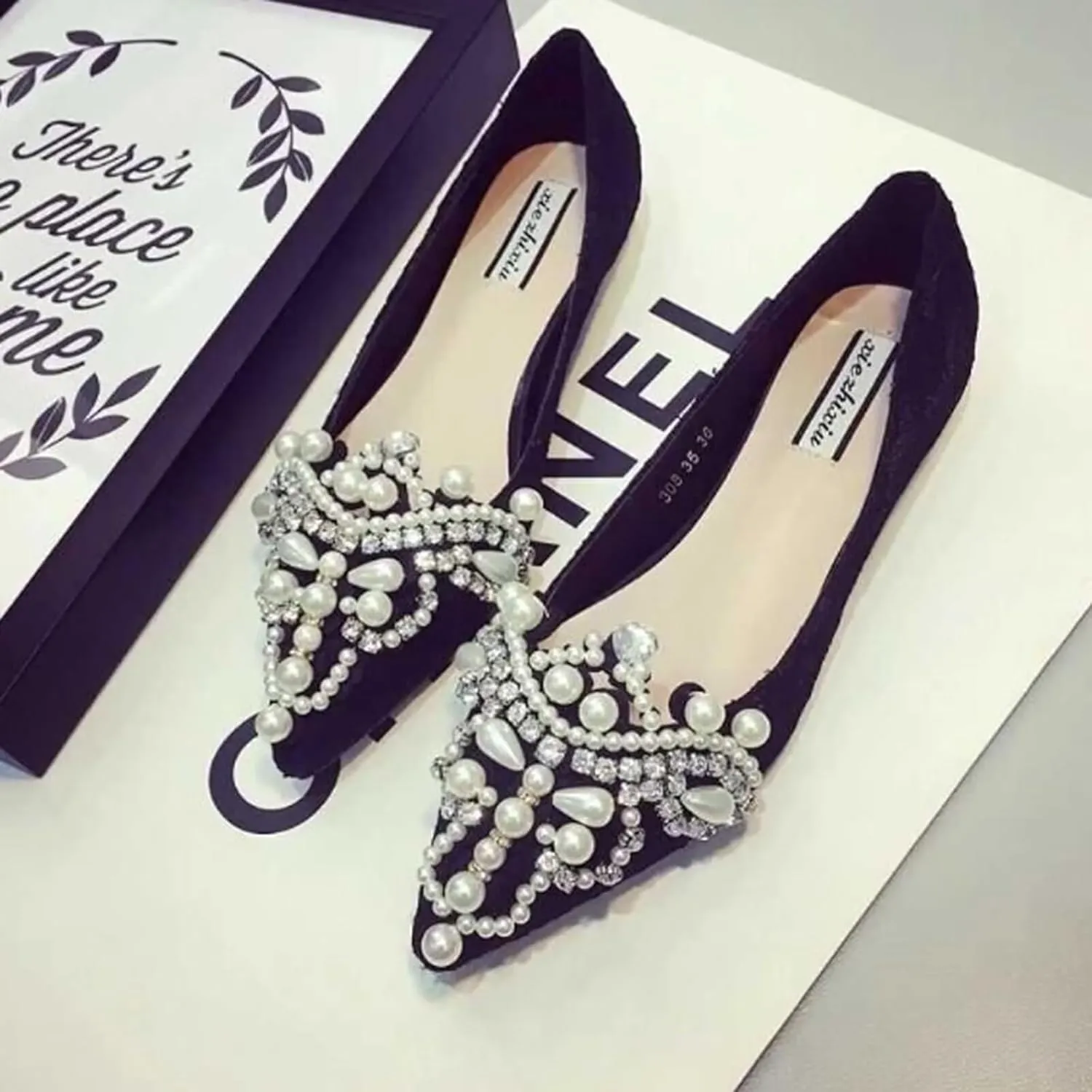 HuangTaiJi Qing Women's Pointy Toe Exquisite Pearl Rhinestone Dressy Ballet Flats Bling Slip On Comfortable Wedding Party Working Shoes
