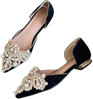 HuangTaiJi Qing Women's Pointy Toe Exquisite Pearl Rhinestone Dressy Ballet Flats Bling Slip On Comfortable Wedding Party Working Shoes