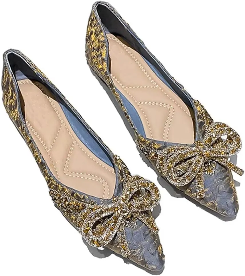 HuangTaiJi Qing Women's Pointy Toe Exquisite Pearl Rhinestone Dressy Ballet Flats Bling Slip On Comfortable Wedding Party Working Shoes