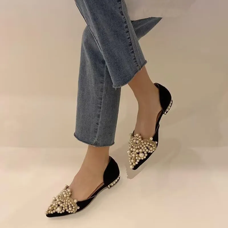 HuangTaiJi Qing Women's Pointy Toe Exquisite Pearl Rhinestone Dressy Ballet Flats Bling Slip On Comfortable Wedding Party Working Shoes