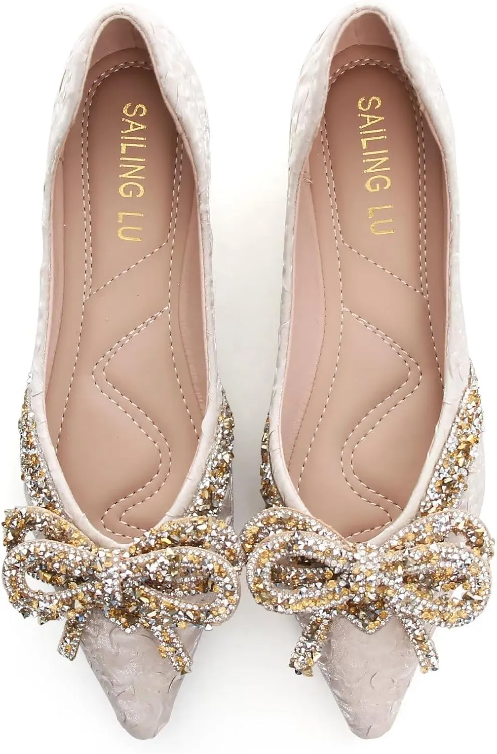 HuangTaiJi Qing Women's Pointy Toe Exquisite Pearl Rhinestone Dressy Ballet Flats Bling Slip On Comfortable Wedding Party Working Shoes
