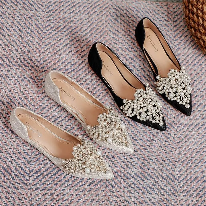 HuangTaiJi Qing Women's Pointy Toe Exquisite Pearl Rhinestone Dressy Ballet Flats Bling Slip On Comfortable Wedding Party Working Shoes