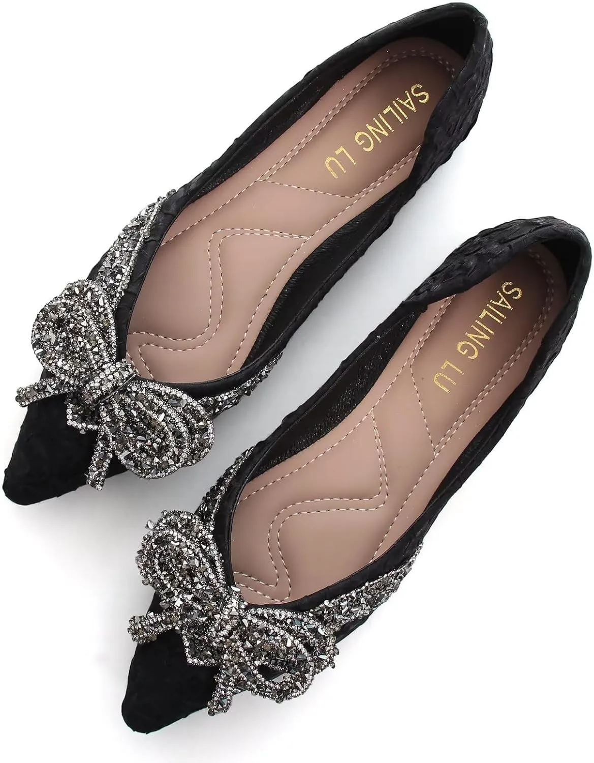 HuangTaiJi Qing Women's Pointy Toe Exquisite Pearl Rhinestone Dressy Ballet Flats Bling Slip On Comfortable Wedding Party Working Shoes