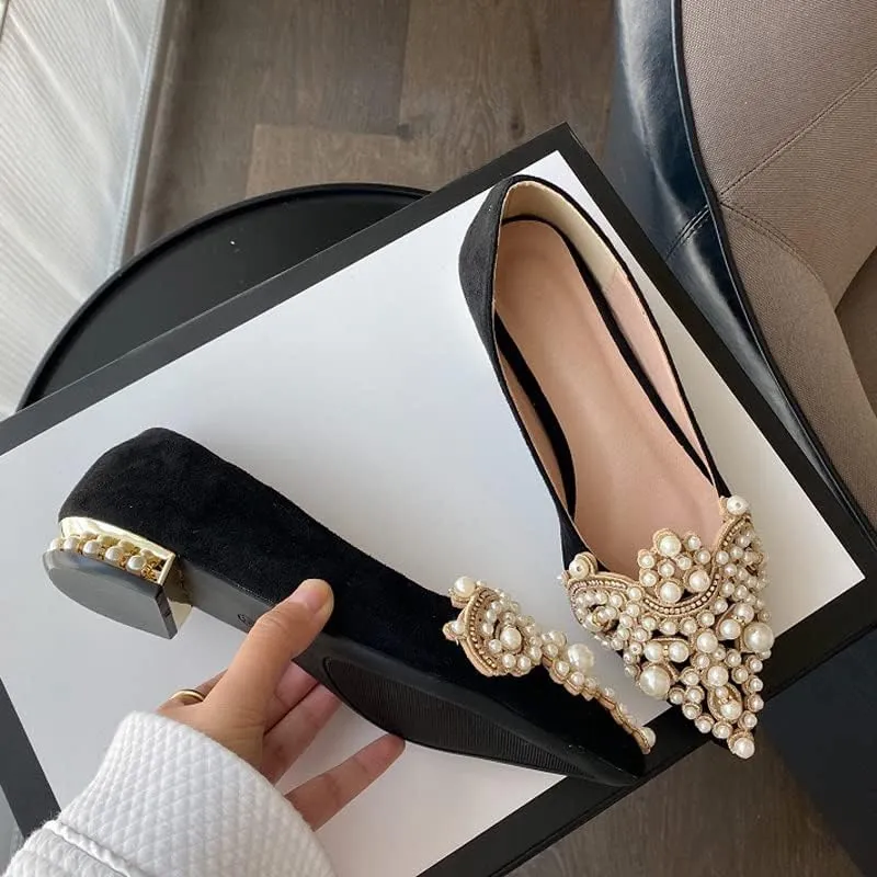 HuangTaiJi Qing Women's Pointy Toe Exquisite Pearl Rhinestone Dressy Ballet Flats Bling Slip On Comfortable Wedding Party Working Shoes