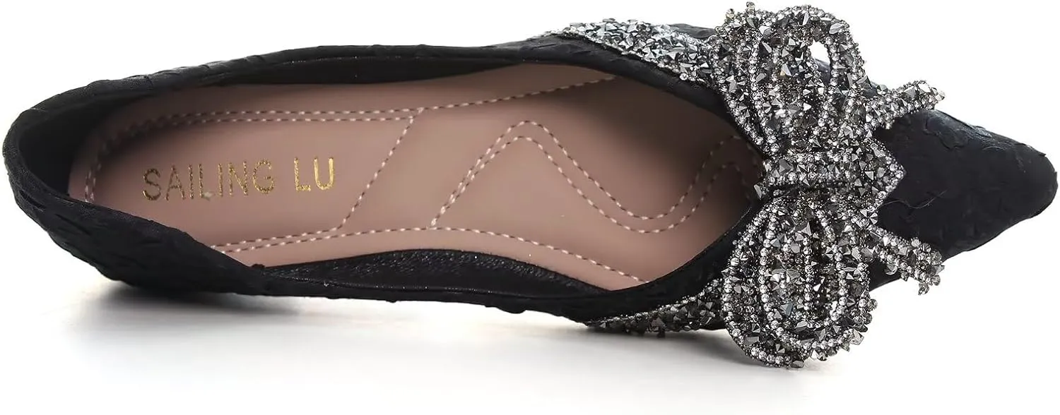 HuangTaiJi Qing Women's Pointy Toe Exquisite Pearl Rhinestone Dressy Ballet Flats Bling Slip On Comfortable Wedding Party Working Shoes