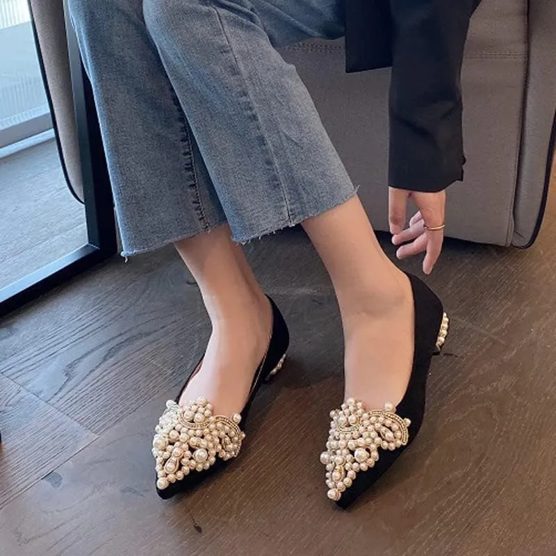 HuangTaiJi Qing Women's Pointy Toe Exquisite Pearl Rhinestone Dressy Ballet Flats Bling Slip On Comfortable Wedding Party Working Shoes