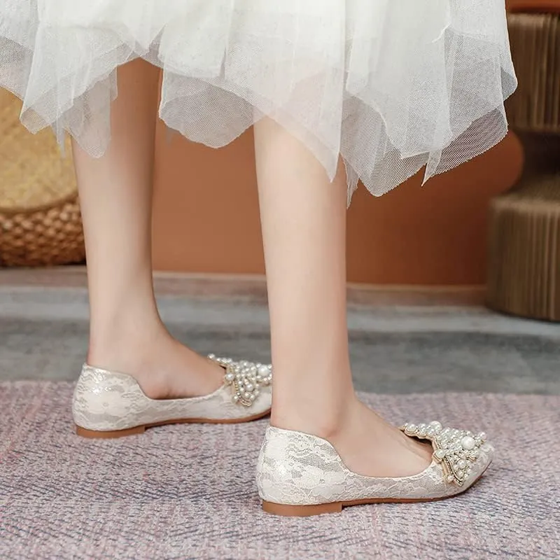 HuangTaiJi Qing Women's Pointy Toe Exquisite Pearl Rhinestone Dressy Ballet Flats Bling Slip On Comfortable Wedding Party Working Shoes