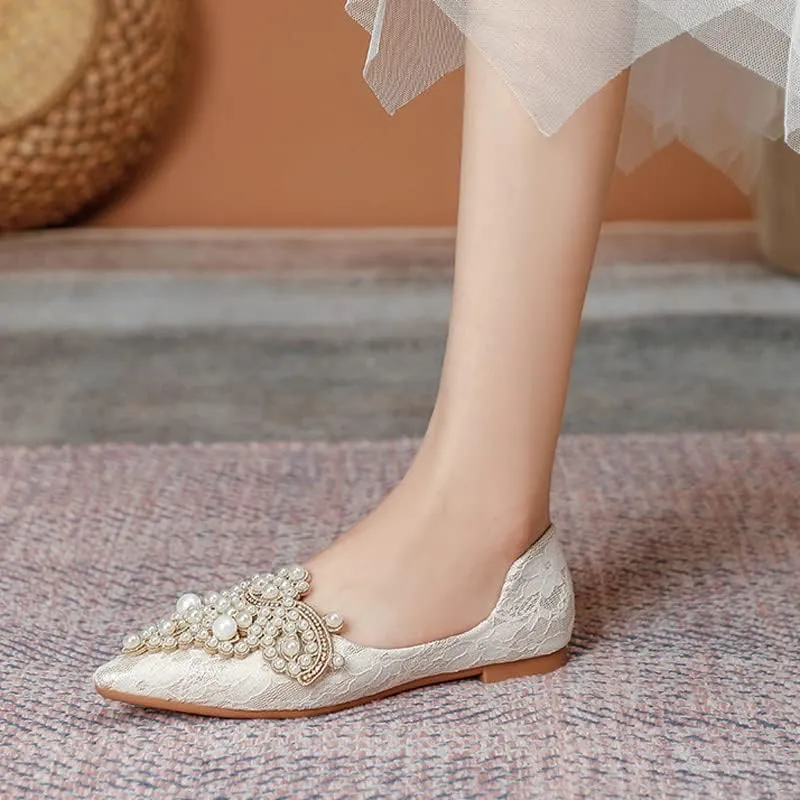 HuangTaiJi Qing Women's Pointy Toe Exquisite Pearl Rhinestone Dressy Ballet Flats Bling Slip On Comfortable Wedding Party Working Shoes
