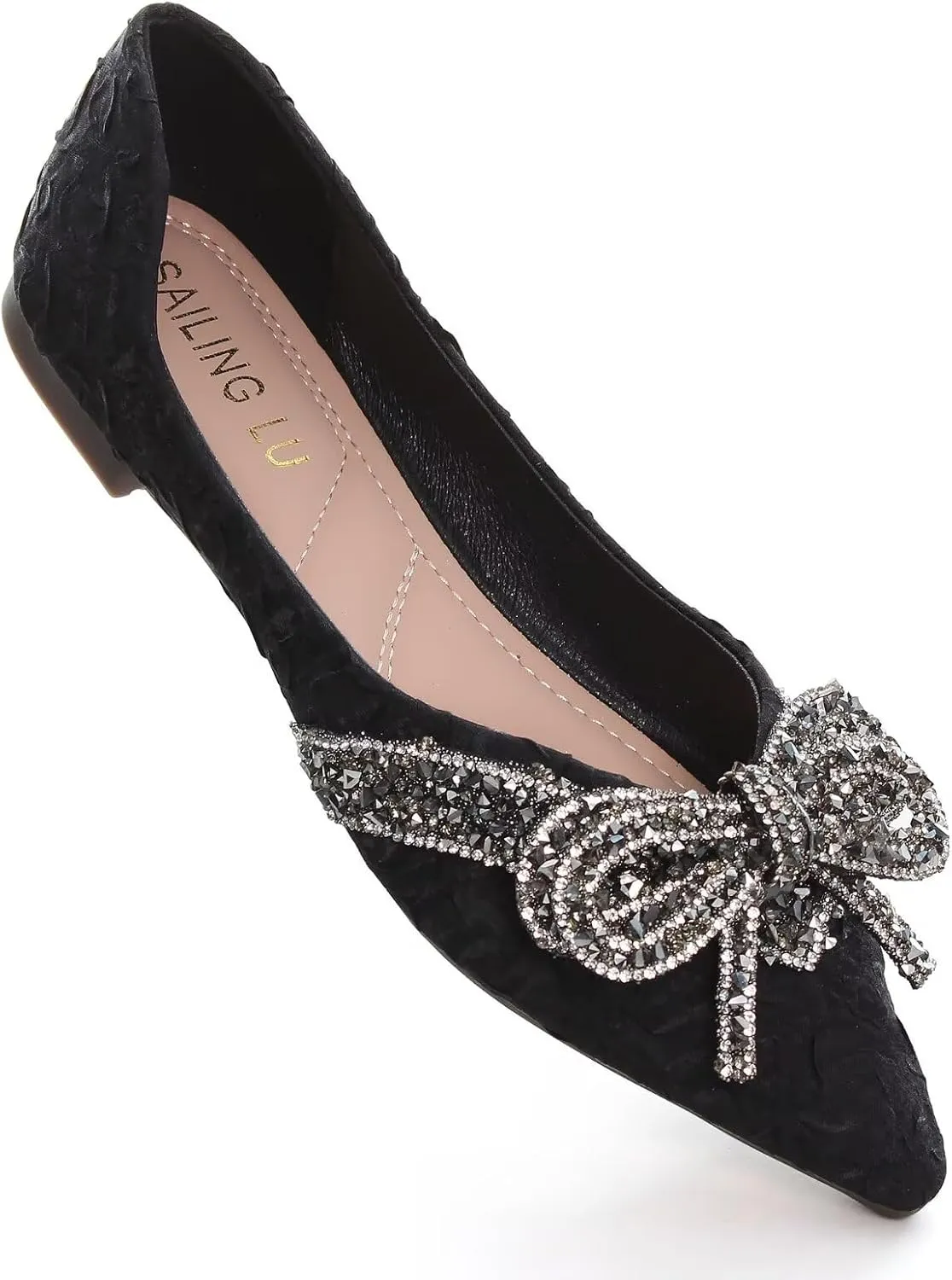 HuangTaiJi Qing Women's Pointy Toe Exquisite Pearl Rhinestone Dressy Ballet Flats Bling Slip On Comfortable Wedding Party Working Shoes