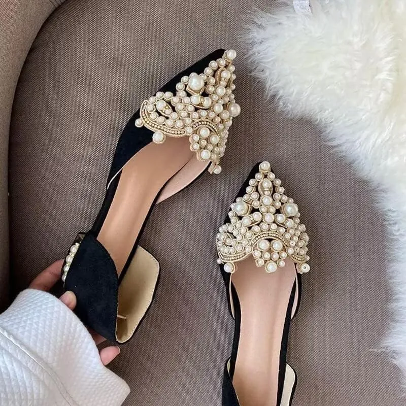 HuangTaiJi Qing Women's Pointy Toe Exquisite Pearl Rhinestone Dressy Ballet Flats Bling Slip On Comfortable Wedding Party Working Shoes
