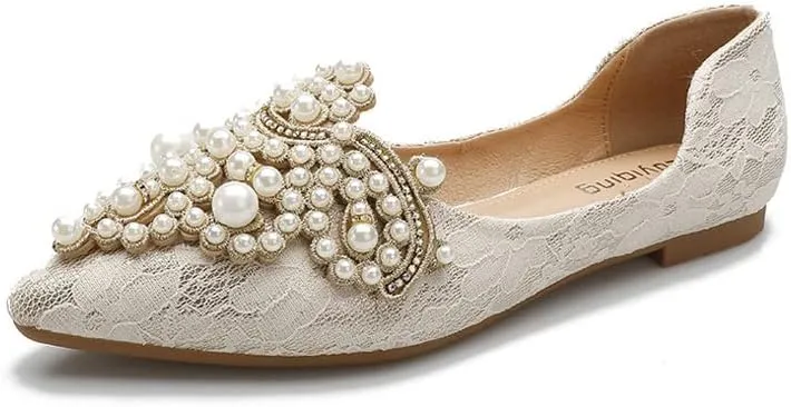 HuangTaiJi Qing Women's Pointy Toe Exquisite Pearl Rhinestone Dressy Ballet Flats Bling Slip On Comfortable Wedding Party Working Shoes