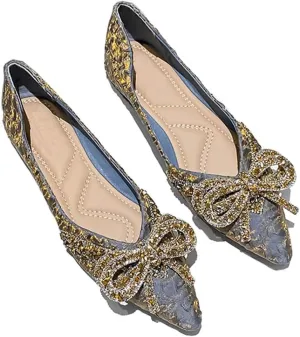 HuangTaiJi Qing Women's Pointy Toe Exquisite Pearl Rhinestone Dressy Ballet Flats Bling Slip On Comfortable Wedding Party Working Shoes