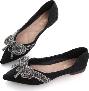 HuangTaiJi Qing Women's Pointy Toe Exquisite Pearl Rhinestone Dressy Ballet Flats Bling Slip On Comfortable Wedding Party Working Shoes