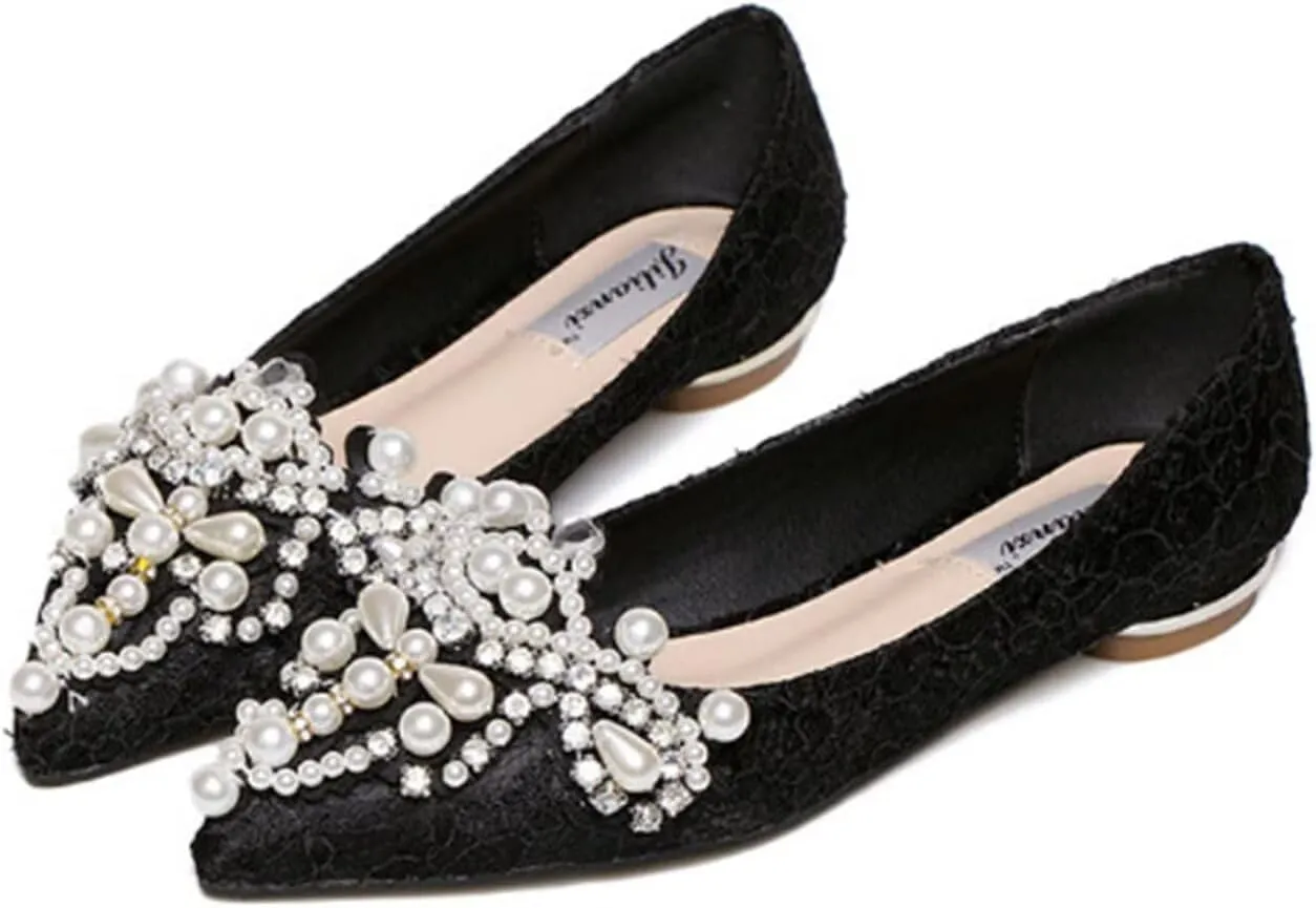 HuangTaiJi Qing Women's Pointy Toe Exquisite Pearl Rhinestone Dressy Ballet Flats Bling Slip On Comfortable Wedding Party Working Shoes