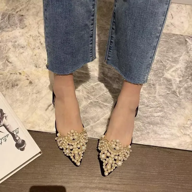 HuangTaiJi Qing Women's Pointy Toe Exquisite Pearl Rhinestone Dressy Ballet Flats Bling Slip On Comfortable Wedding Party Working Shoes