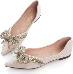 HuangTaiJi Qing Women's Pointy Toe Exquisite Pearl Rhinestone Dressy Ballet Flats Bling Slip On Comfortable Wedding Party Working Shoes