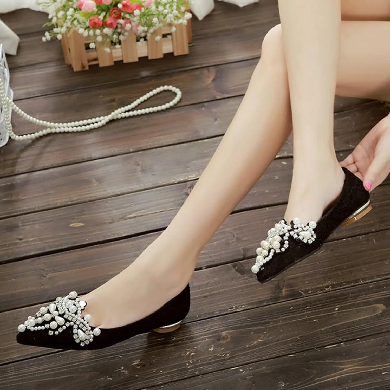 HuangTaiJi Qing Women's Pointy Toe Exquisite Pearl Rhinestone Dressy Ballet Flats Bling Slip On Comfortable Wedding Party Working Shoes