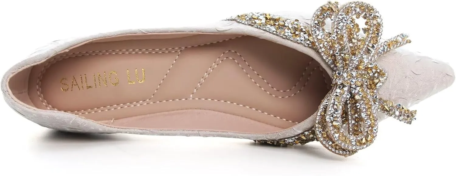 HuangTaiJi Qing Women's Pointy Toe Exquisite Pearl Rhinestone Dressy Ballet Flats Bling Slip On Comfortable Wedding Party Working Shoes