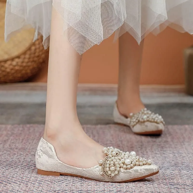 HuangTaiJi Qing Women's Pointy Toe Exquisite Pearl Rhinestone Dressy Ballet Flats Bling Slip On Comfortable Wedding Party Working Shoes