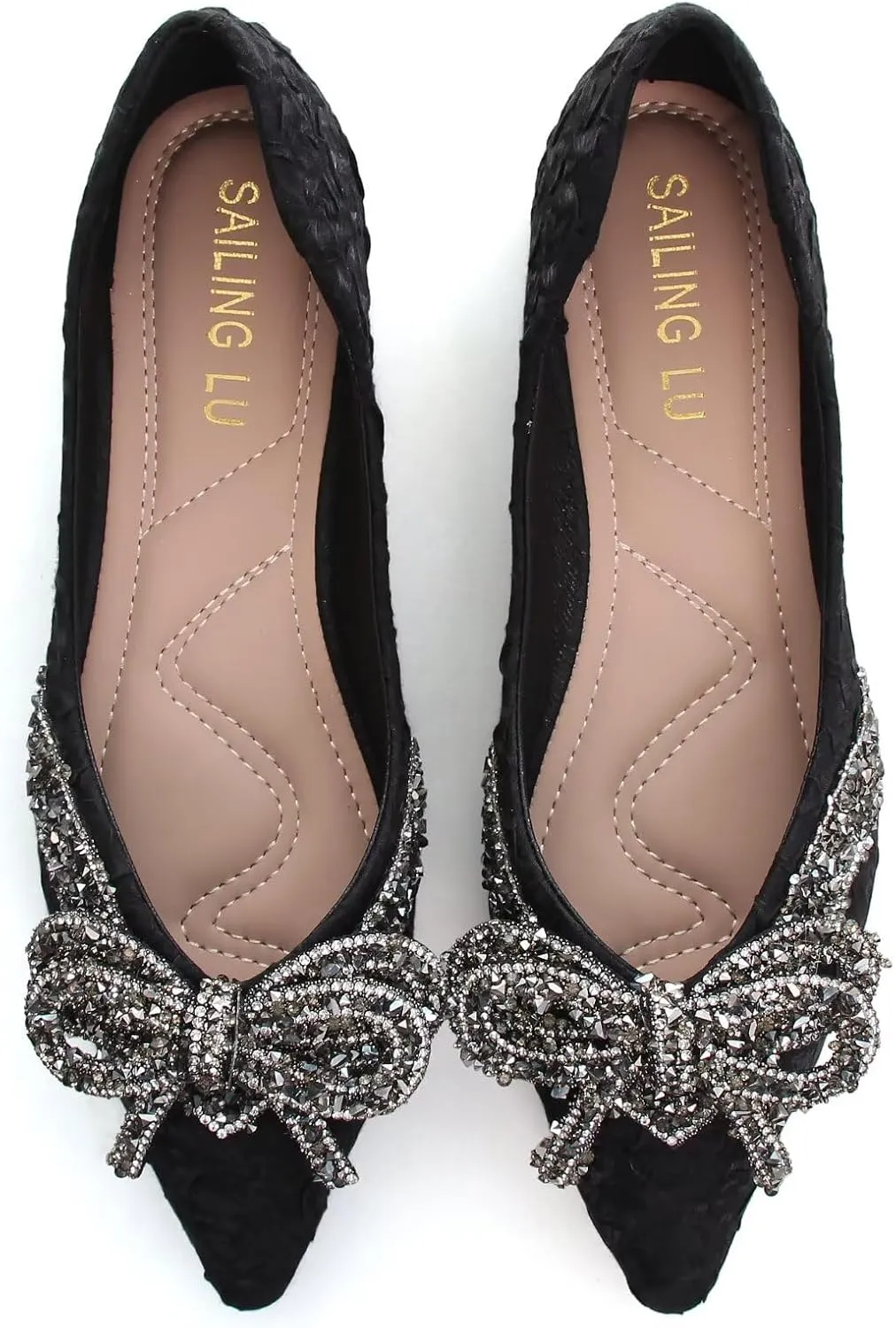 HuangTaiJi Qing Women's Pointy Toe Exquisite Pearl Rhinestone Dressy Ballet Flats Bling Slip On Comfortable Wedding Party Working Shoes