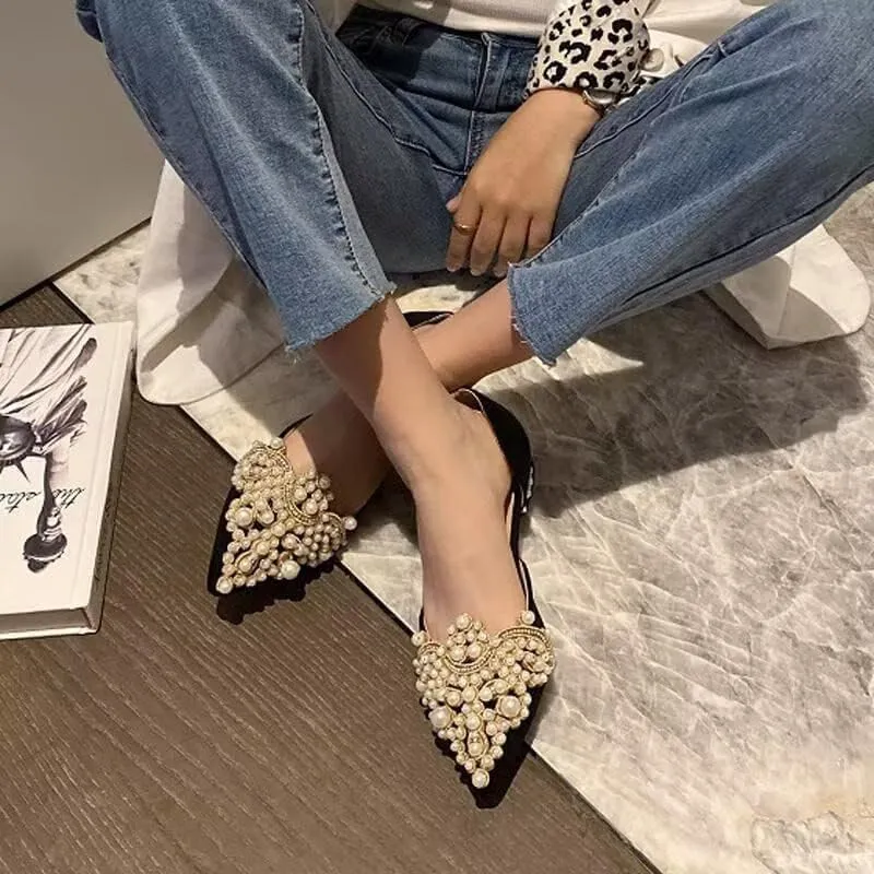 HuangTaiJi Qing Women's Pointy Toe Exquisite Pearl Rhinestone Dressy Ballet Flats Bling Slip On Comfortable Wedding Party Working Shoes