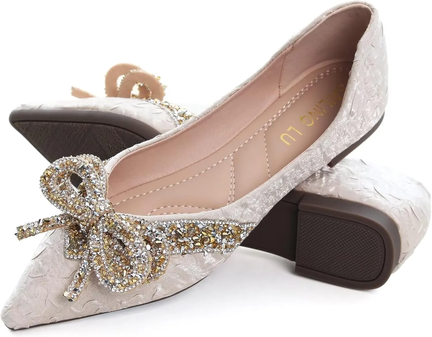HuangTaiJi Qing Women's Pointy Toe Exquisite Pearl Rhinestone Dressy Ballet Flats Bling Slip On Comfortable Wedding Party Working Shoes