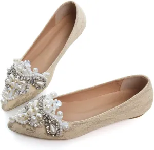 HuangTaiJi Qing Women's Pointy Toe Exquisite Pearl Rhinestone Dressy Ballet Flats Bling Slip On Comfortable Wedding Party Working Shoes