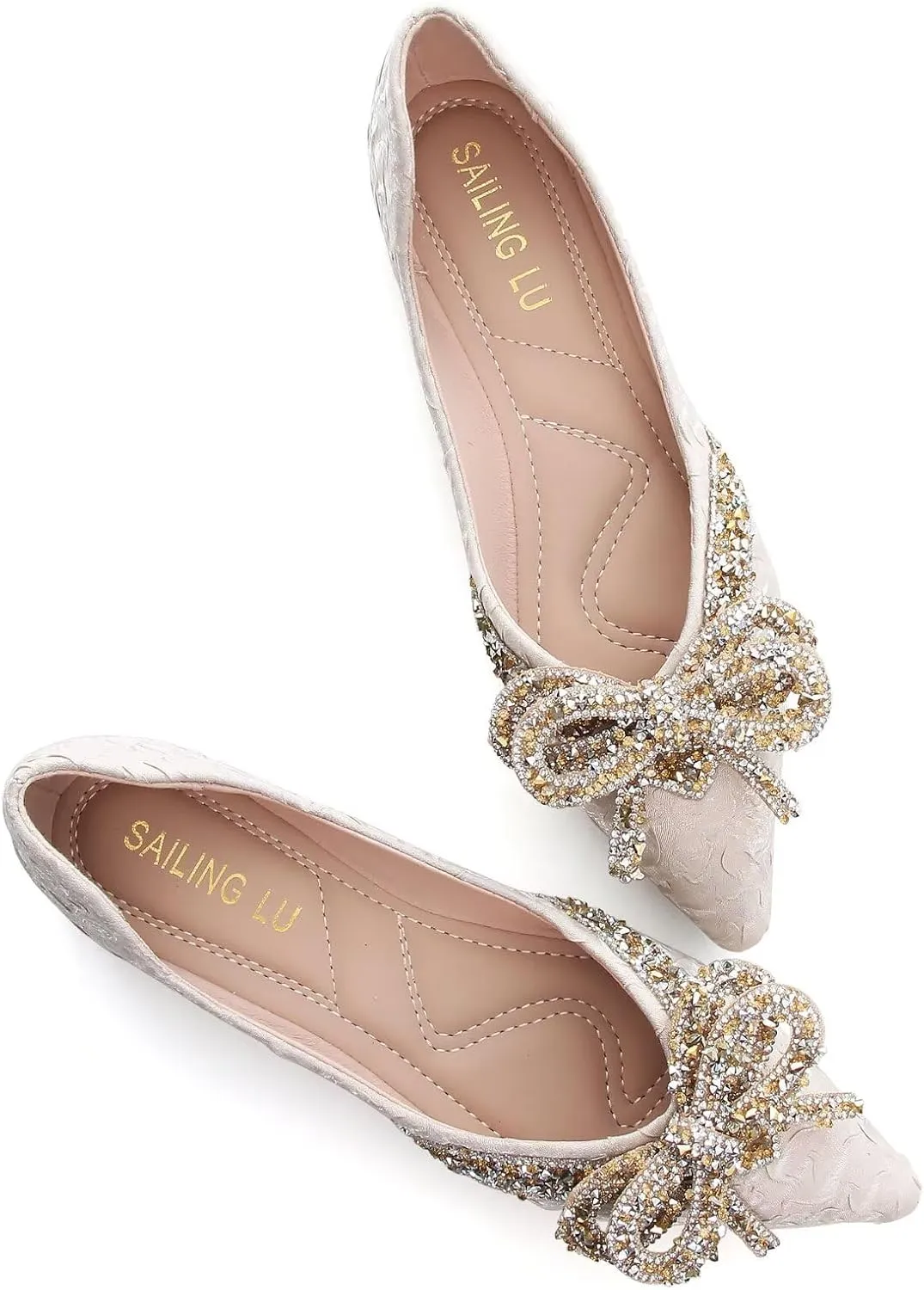 HuangTaiJi Qing Women's Pointy Toe Exquisite Pearl Rhinestone Dressy Ballet Flats Bling Slip On Comfortable Wedding Party Working Shoes