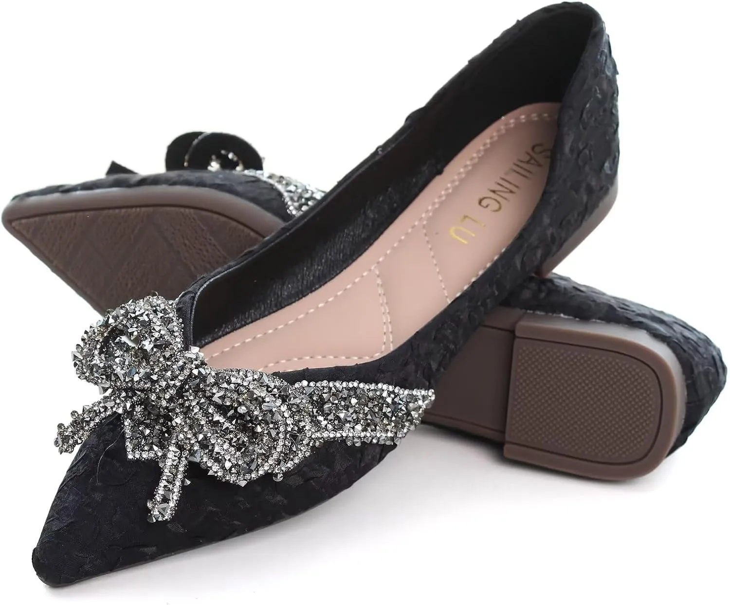 HuangTaiJi Qing Women's Pointy Toe Exquisite Pearl Rhinestone Dressy Ballet Flats Bling Slip On Comfortable Wedding Party Working Shoes