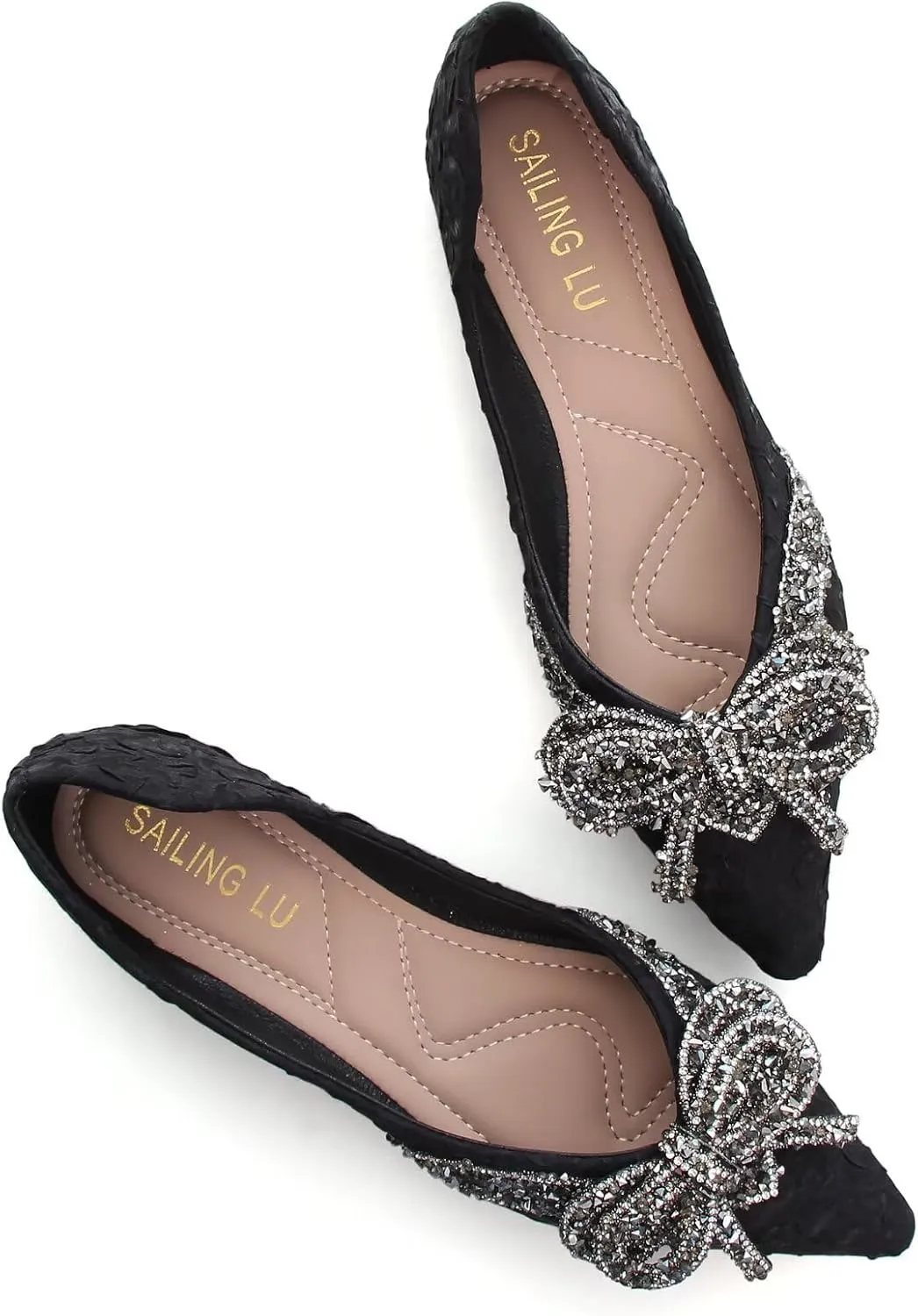 HuangTaiJi Qing Women's Pointy Toe Exquisite Pearl Rhinestone Dressy Ballet Flats Bling Slip On Comfortable Wedding Party Working Shoes