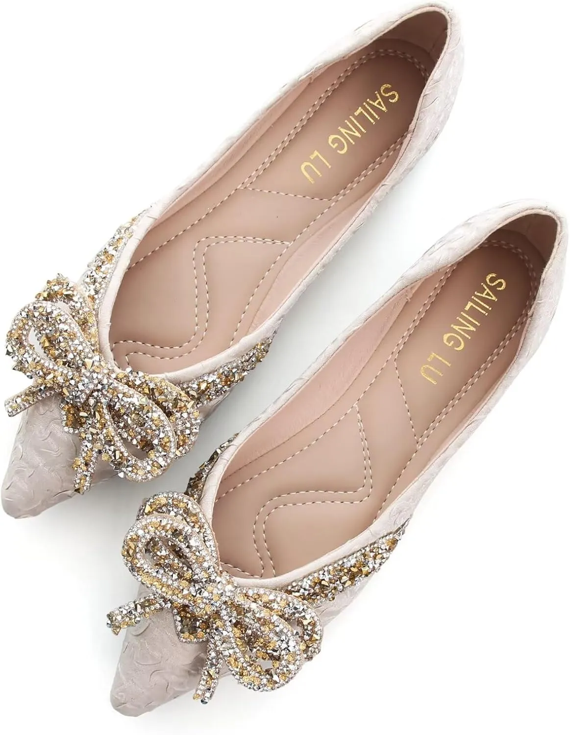 HuangTaiJi Qing Women's Pointy Toe Exquisite Pearl Rhinestone Dressy Ballet Flats Bling Slip On Comfortable Wedding Party Working Shoes
