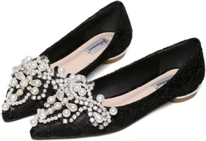 HuangTaiJi Qing Women's Pointy Toe Exquisite Pearl Rhinestone Dressy Ballet Flats Bling Slip On Comfortable Wedding Party Working Shoes