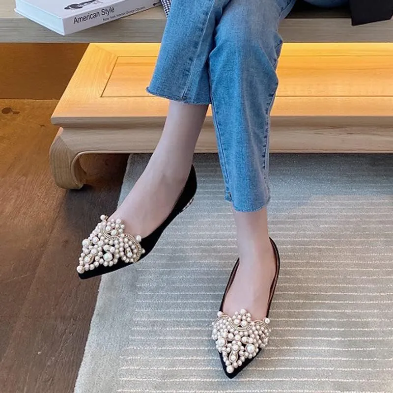 HuangTaiJi Qing Women's Pointy Toe Exquisite Pearl Rhinestone Dressy Ballet Flats Bling Slip On Comfortable Wedding Party Working Shoes