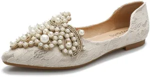 HuangTaiJi Qing Women's Pointy Toe Exquisite Pearl Rhinestone Dressy Ballet Flats Bling Slip On Comfortable Wedding Party Working Shoes