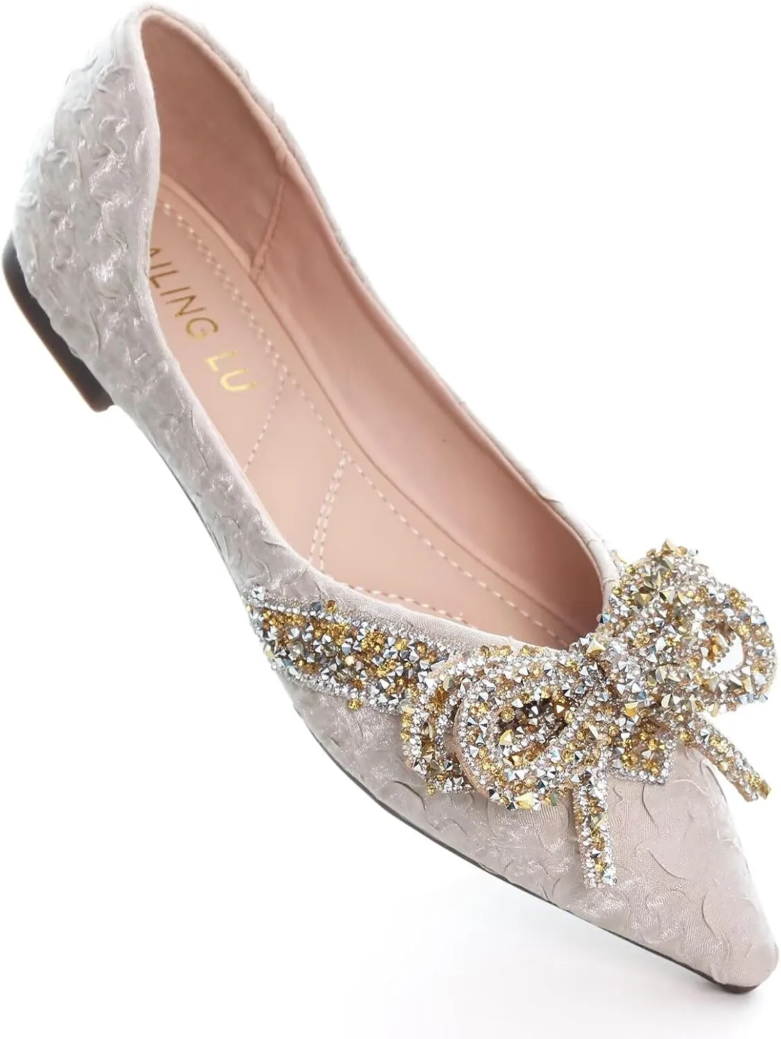 HuangTaiJi Qing Women's Pointy Toe Exquisite Pearl Rhinestone Dressy Ballet Flats Bling Slip On Comfortable Wedding Party Working Shoes