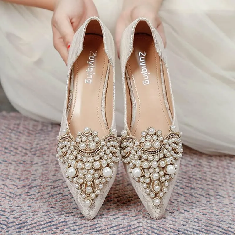 HuangTaiJi Qing Women's Pointy Toe Exquisite Pearl Rhinestone Dressy Ballet Flats Bling Slip On Comfortable Wedding Party Working Shoes