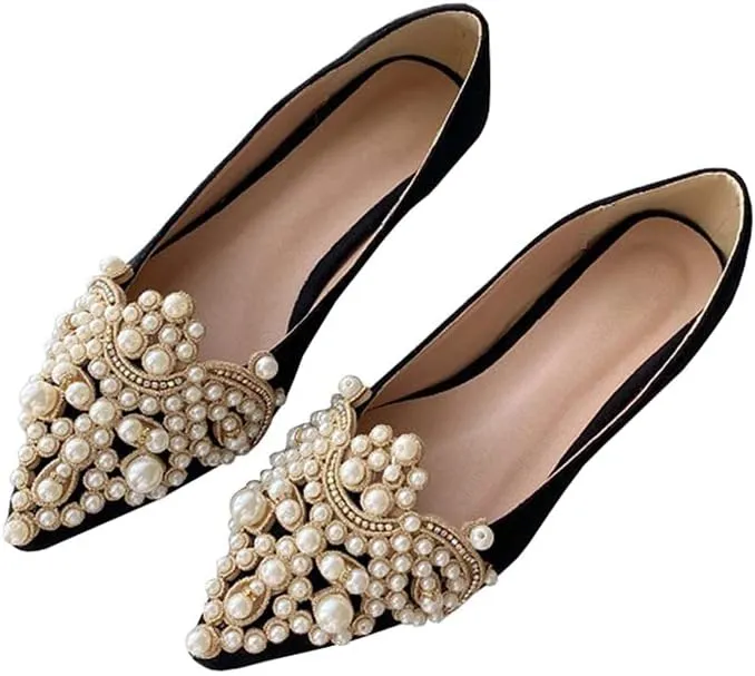 HuangTaiJi Qing Women's Pointy Toe Exquisite Pearl Rhinestone Dressy Ballet Flats Bling Slip On Comfortable Wedding Party Working Shoes