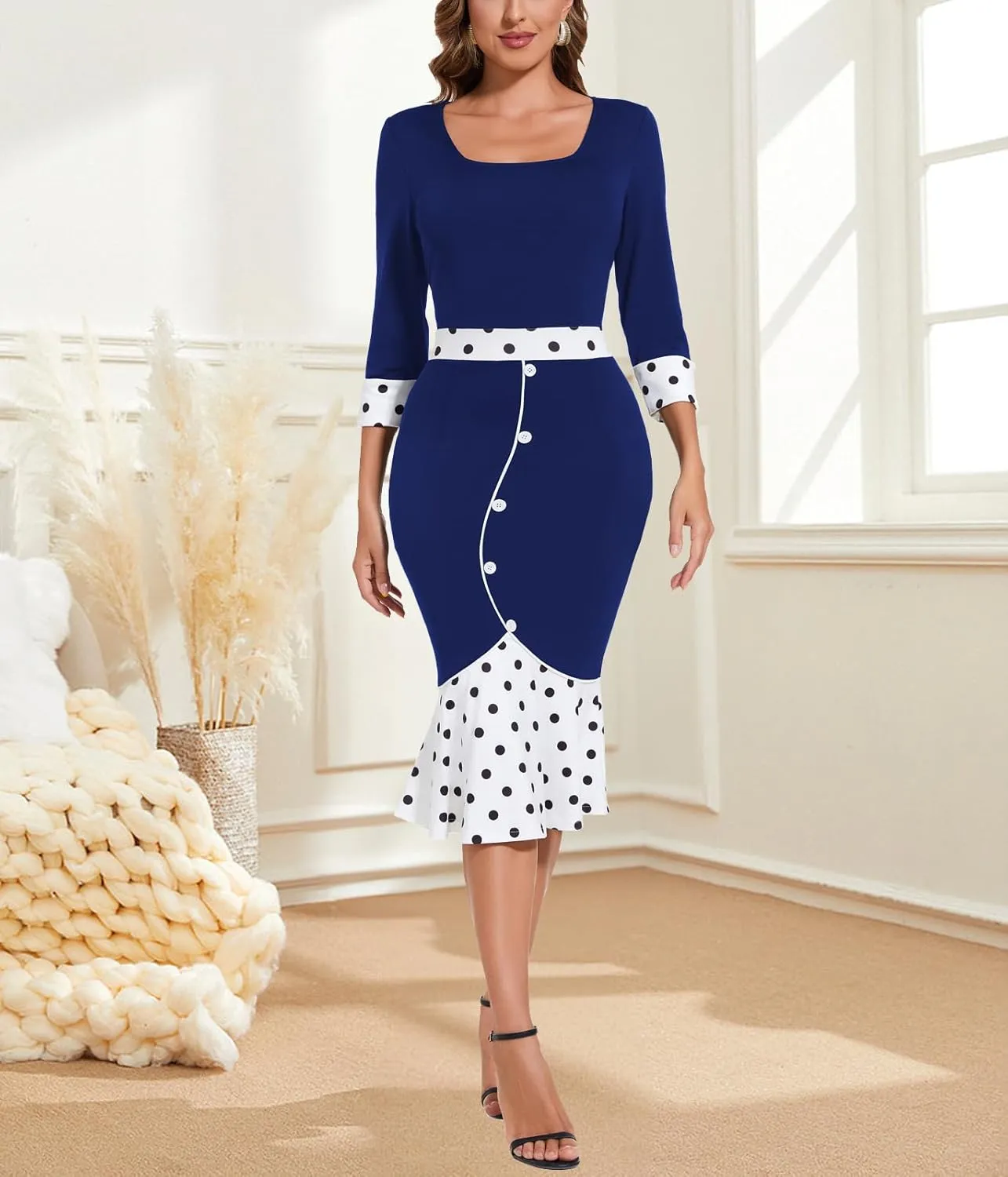 HugeNice Women's Business Work Midi Dress Elegant Bodycon Fishtail Dress Formal Church Wedding Guest Dresses