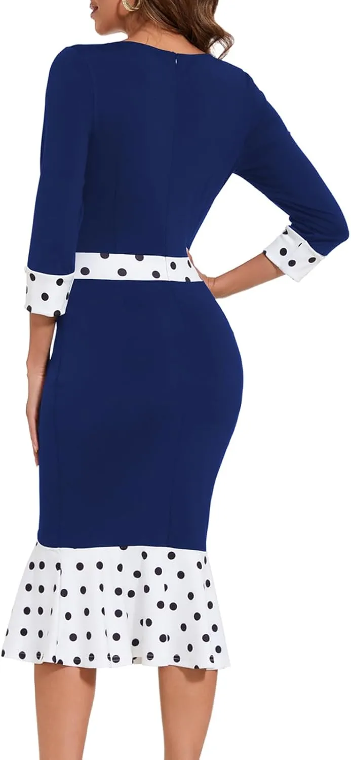 HugeNice Women's Business Work Midi Dress Elegant Bodycon Fishtail Dress Formal Church Wedding Guest Dresses