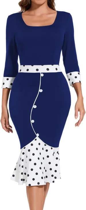 HugeNice Women's Business Work Midi Dress Elegant Bodycon Fishtail Dress Formal Church Wedding Guest Dresses