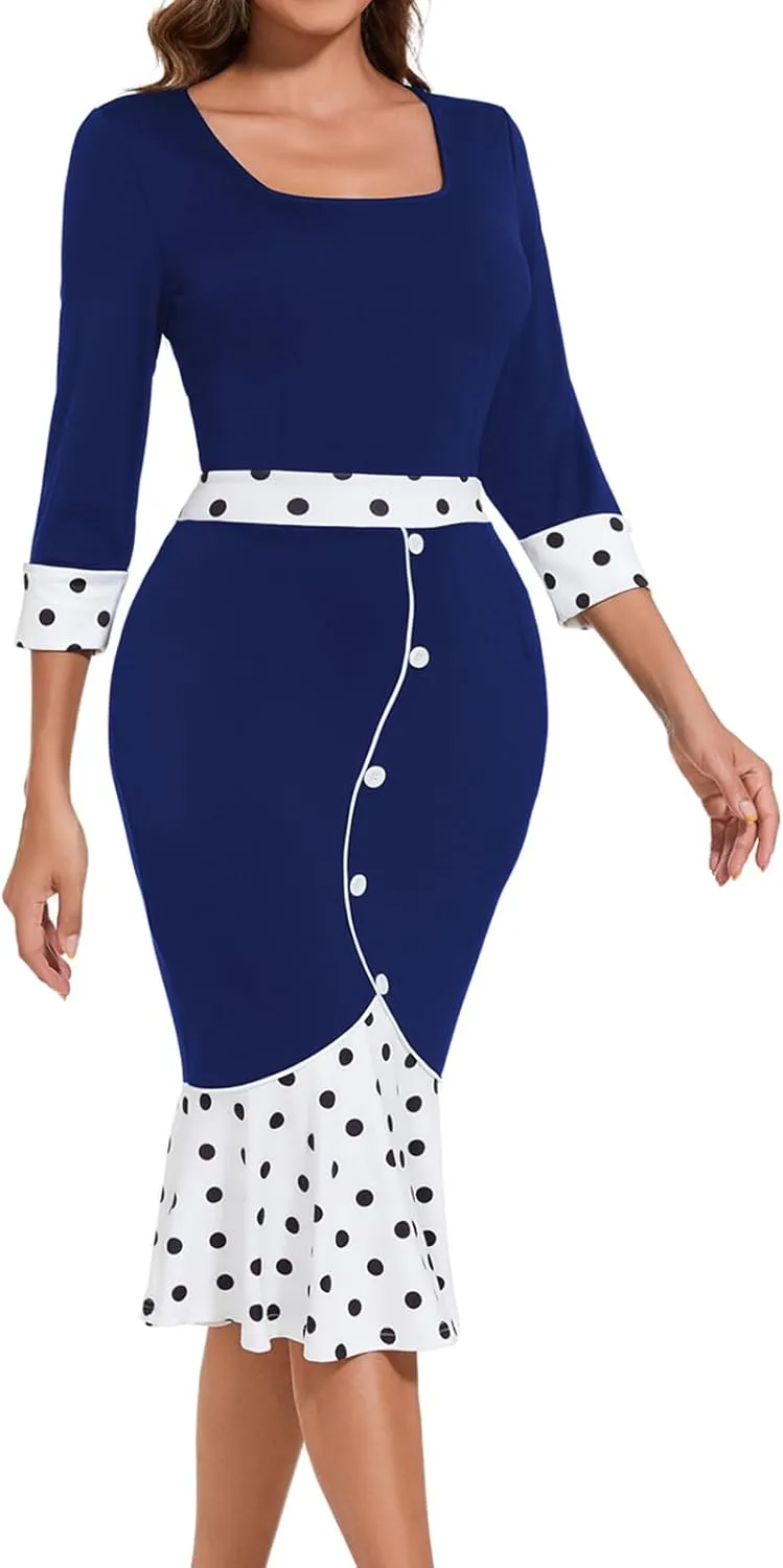 HugeNice Women's Business Work Midi Dress Elegant Bodycon Fishtail Dress Formal Church Wedding Guest Dresses